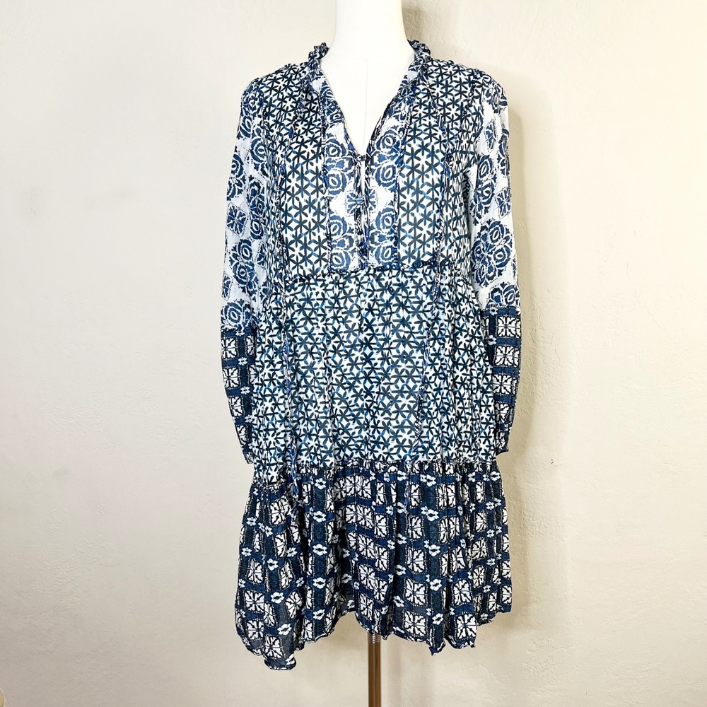 Maje Dress Tiered Geometric Cotton Size 40 Blue White Long Sleeve Mini